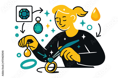 Gemstone Arrangement Artistry. Stone setting. A glowing character placing gemstones in rings or pendants with