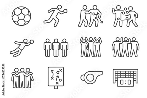 Handball Iconography Set. Handball teamwork. Line outline icon set of Handball teamwork: handball, fast break,