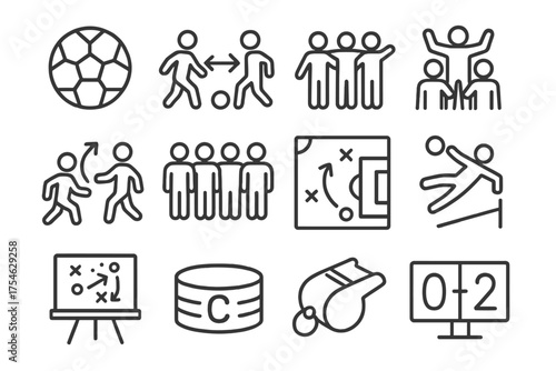 Soccer Teamwork Icons. Soccer teamwork. Line outline icon set of Soccer teamwork: soccer ball, give-and-go