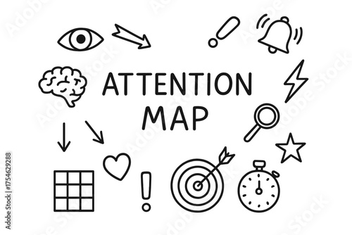 Attention Map Doodle. Attention Map. Hand-drawn doodle illustration of Attention Map. eye, brain, spotlight,