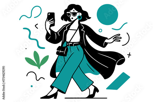 Stylish Fashion Capture. Fashion Blogger. A stylish person poses with confidence, holding a phone to capture