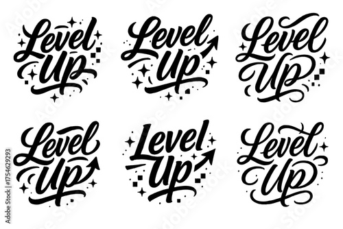 Level Up Calligraphy. Level Up. Create a calligraphy lettering illustration of the phrase: Level Up. Six