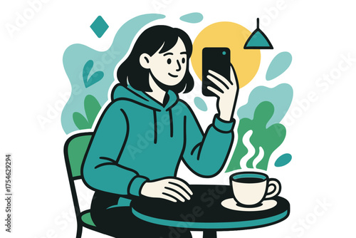 Café Mirror Selfie. Morning Look. A blogger takes a mirror selfie in a cozy café, steam rising from a cup
