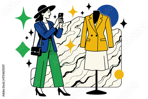 Elegant Fashion Photography. Luxury Look. A blogger stands near an abstract marble wall, photographing elegant