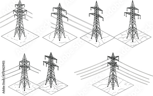 Isometric electric power transmission towers with high voltage cables vector illustration, industrial energy pylons network design for electricity infrastructure concept artwork