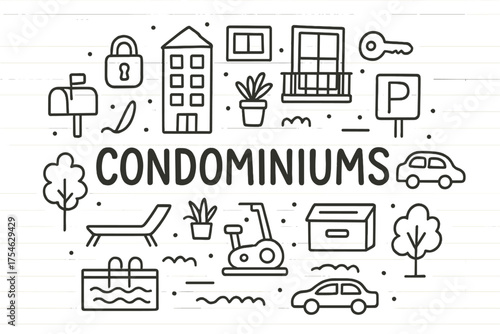 Condominiums Doodle Art. Condominiums. Hand-drawn doodle illustration of Condominiums. building facade, window