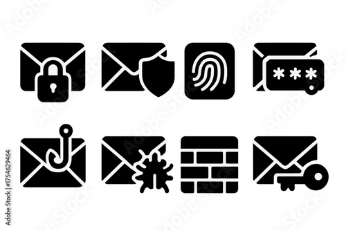 Email Security Icons. Email security. Filled icon set of Email security: lock, shield, fingerprint, two-factor
