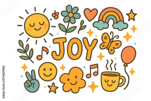 Joyful Doodle Playtime. Joy. Hand-drawn doodle illustration of Joy. Smiling sun, flower, heart, rainbow,