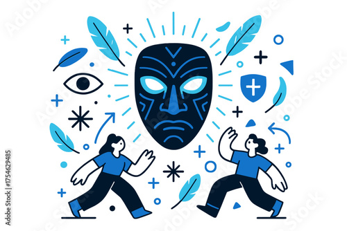 Mystical Guardian Mask. Guardian mask. A mystical mask floating in air with glowing eyes, aura lines extending