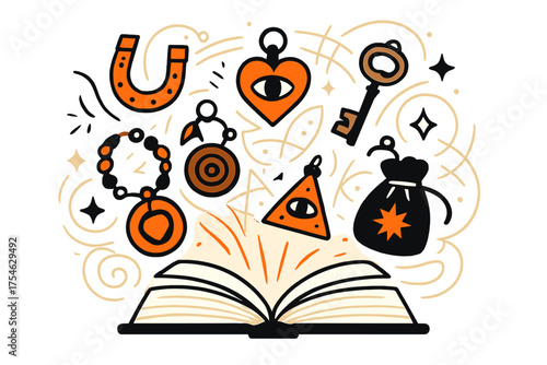 Magical Tome of Talismans. Book of talismans. An open glowing book with floating amulets and charms rising out