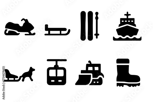 Frozen Transport Icons. Frozen transport. Filled icon set of Frozen transport: snowmobile, sled, skis,