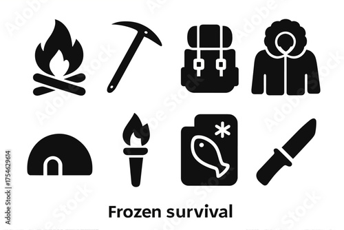 Frozen Survival Icons. Frozen survival. Filled icon set of Frozen survival: campfire, ice axe, backpack, fur