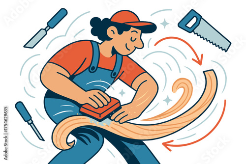 Dynamic Wood Shaping. Wood shaping. A character sanding curved wooden planks, glowing dust and lines showing