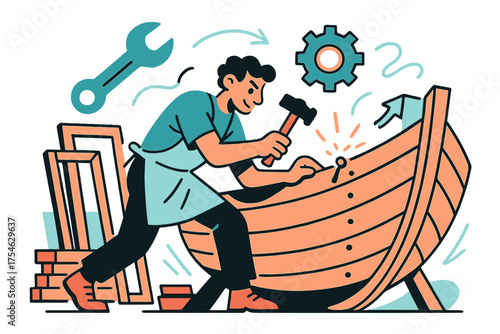 Dynamic Boat Workshop. Workshop scene. Wooden frames and planks leaning against walls, character hammering