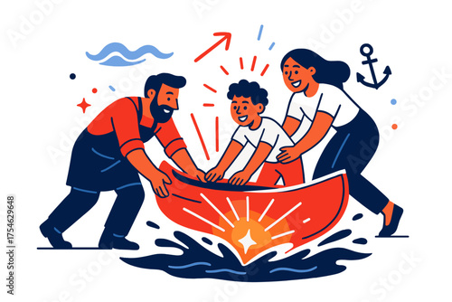 Glowing Canoe Launch. First launch. Craftsman and family pushing a glowing canoe into water, splash lines and