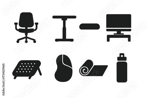 Office Ergonomics Icons. Office ergonomics. Filled icon set of Office ergonomics: office chair, standing desk,
