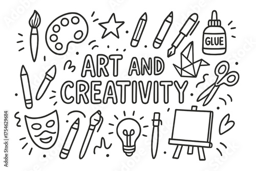Artistic Doodle Elements. Art and Creativity. Hand-drawn doodle illustration of Art and Creativity. paintbrush