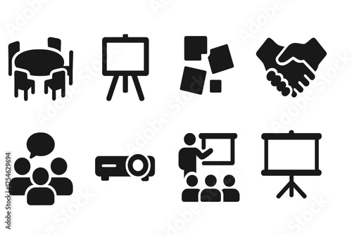 Collaborative Space Icons. Collaborative spaces. Filled icon set of Collaborative spaces: round table, chairs,