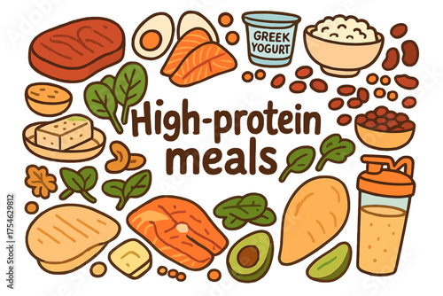 High-Protein Meal Doodles. High-protein meals. Hand-drawn doodle illustration of High-protein meals. Steak,