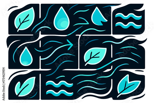 Vibrant Geometric Patterns. Natural patterns. Repeating glowing shapes of leaves, raindrops, and waves
