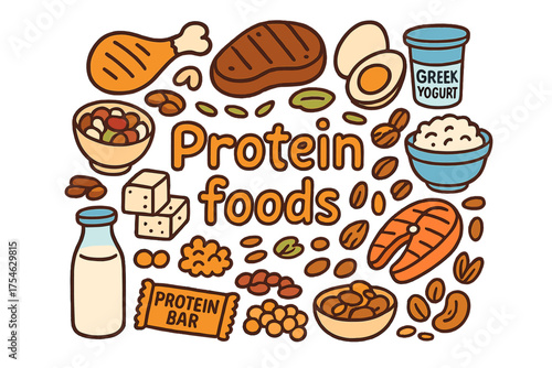 Protein Foods Illustration. Protein foods. Hand-drawn doodle illustration of Protein foods. Grilled chicken,