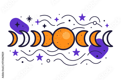 Celestial Moon Phases. Phases of the Moon. A sequence of glowing moon shapes floats across the scene, from