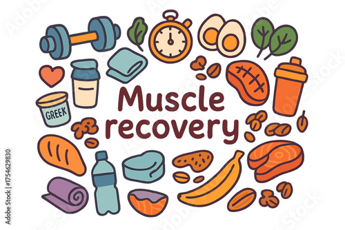 Muscle Recovery Essentials. Muscle recovery. Hand-drawn doodle illustration of Muscle recovery. Dumbbell,