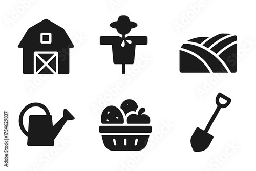 Local Farming Icons. Local farming. Filled icon set of Local farming: barn, windmill, scarecrow, plowed field,