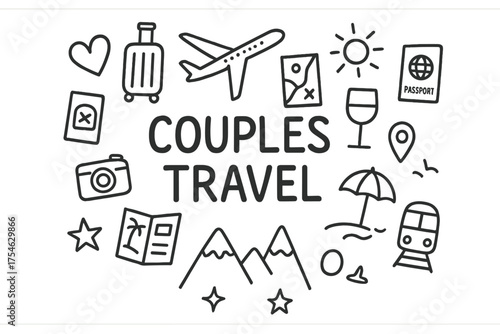 Couples Travel Doodles. Couples Travel. Hand-drawn doodle illustration of Couples Travel. heart, suitcase,