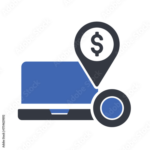 Laptop with location pin code and dollar sign in a modern design on a white background