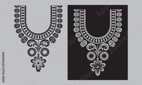 Elegant floral neckline design in black and white vector for fashion and textile projects