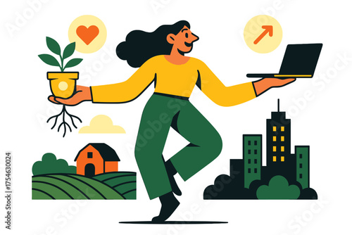 Balancing Roots Scene. Balancing roots. A character holding a glowing plant pot in one hand and a laptop in