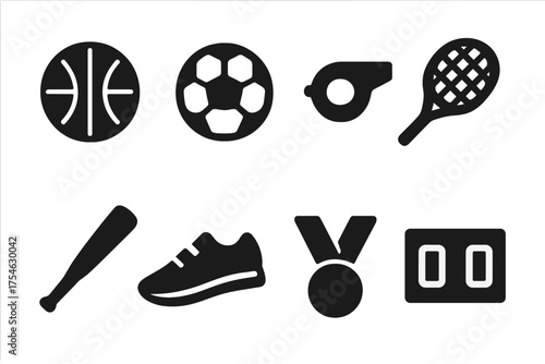 School Sports Icons. Sports at school. Filled icon set of Sports at school: basketball, soccer ball, whistle,