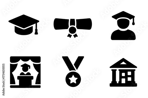 Graduation Icons Set. Graduation. Filled icon set of Graduation: graduation cap, diploma, podium, student,