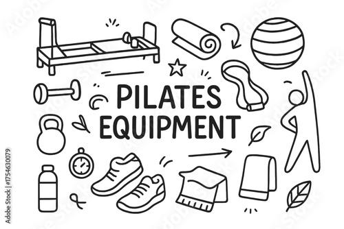Pilates Gear Sketch. Pilates Equipment. Hand-drawn doodle illustration of Pilates Equipment. reformer machine,