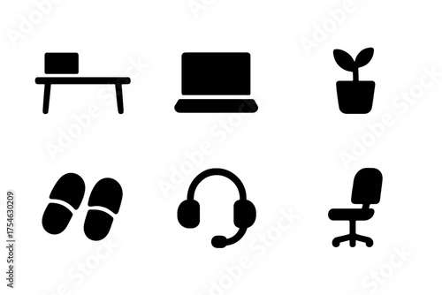 Home Office Icons. Work from home. Filled icon set of Work from home: desk, laptop, plant, coffee cup,