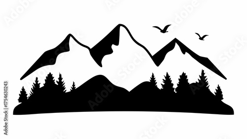 Silhouette of mountains with trees and birds flying in the sky creating a nature scene landscape view
