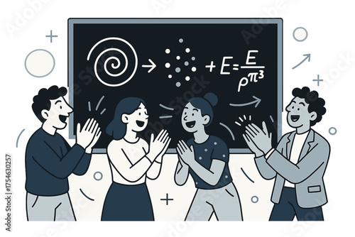 Breakthrough Moment Celebration. Unified equation. A chalkboard glowing with an elegant formula combining