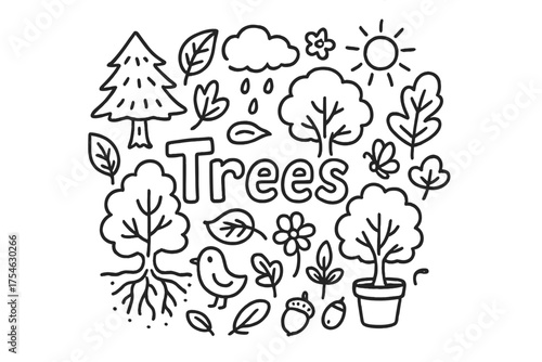 Doodle Tree Elements. Trees. Hand-drawn doodle illustration of Trees. tree, leaf, roots, branch, flower, bird,