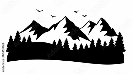 Silhouette of mountain range with pine trees and birds flying in the sky in black and white landscape
