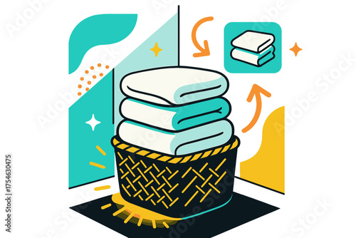 Organized Duvet Storage. Storage corner. A glowing wicker basket filled with folded duvets in a room corner.