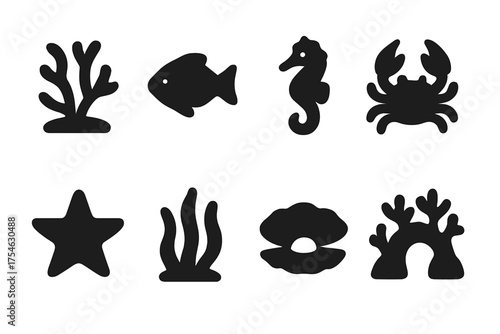 Black Coral Reef Icons. Coral reefs. Filled icon set of Coral reefs: coral, fish, seahorse, crab, starfish,