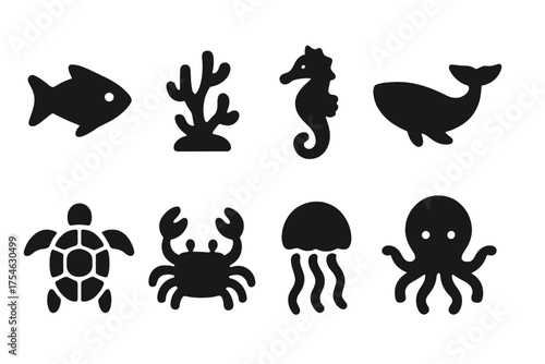 Ocean Life Icons. Ocean life diversity. Filled icon set of Ocean life diversity: fish, coral, seahorse, whale,