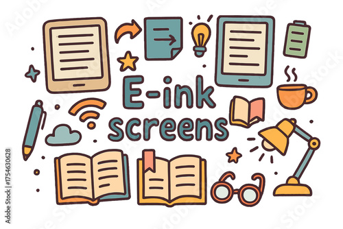 E-Ink Illustration Elements. E-ink screens. Hand-drawn doodle illustration of E-ink screens. E-reader device,