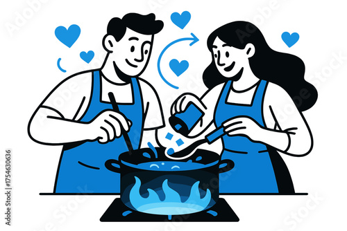 Cooking in Harmony. Everyday compromises. A couple cooking together, one stirring while the other adds
