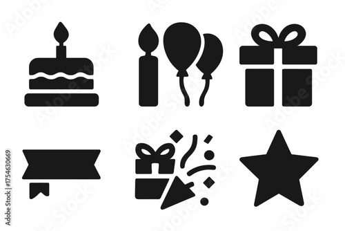 Birthday Gift Icons. Birthday gifts. Filled icon set of Birthday gifts: cake, candle, balloons, present box,