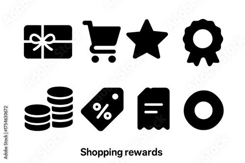 Shopping Rewards Icons. Shopping rewards. Filled icon set of Shopping rewards: gift card, shopping cart, star,