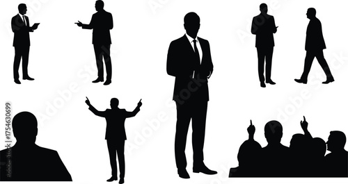Business silhouette, leadership pose, communication act, office teamwork, corporate discussion, presentation speech, professional role, workplace dynamics, flat vector illustration