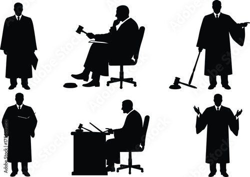 Judge silhouette, courtroom authority, legal decision, gavel pose, justice figure, law professional, trial authority, legal system, flat vector illustration