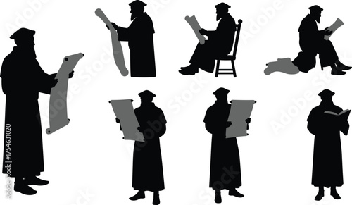 Scholar silhouette, academic robe, reading scroll, professor figure, studying book, knowledge pursuit, cultural tradition, education art, flat vector illustration